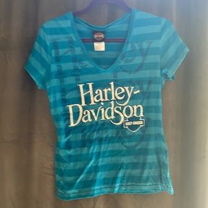 Blue striped short sleeve Harley Davidson v-neck shirt